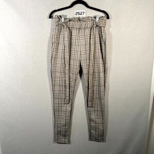 Shosho Ankle Pants‎ Womens Medium Multicolor Plaid Stretch Tapered Leg Belted